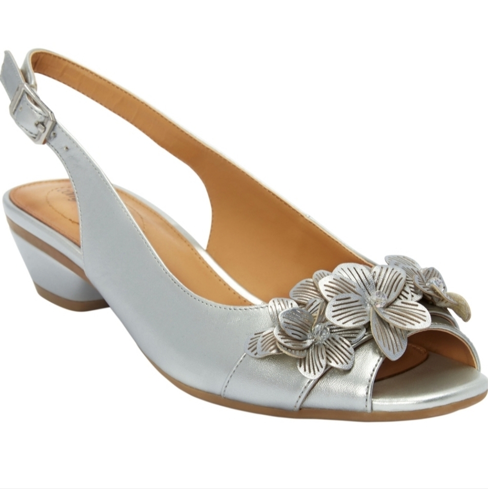 comfortview Silver Slingback Peep-Toe Sandal with Floral Appliqués